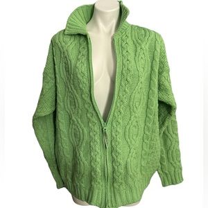 Aran Crafts Bright Happy Lime Green Wool Irish Cardigan Hand Knotted Sweater